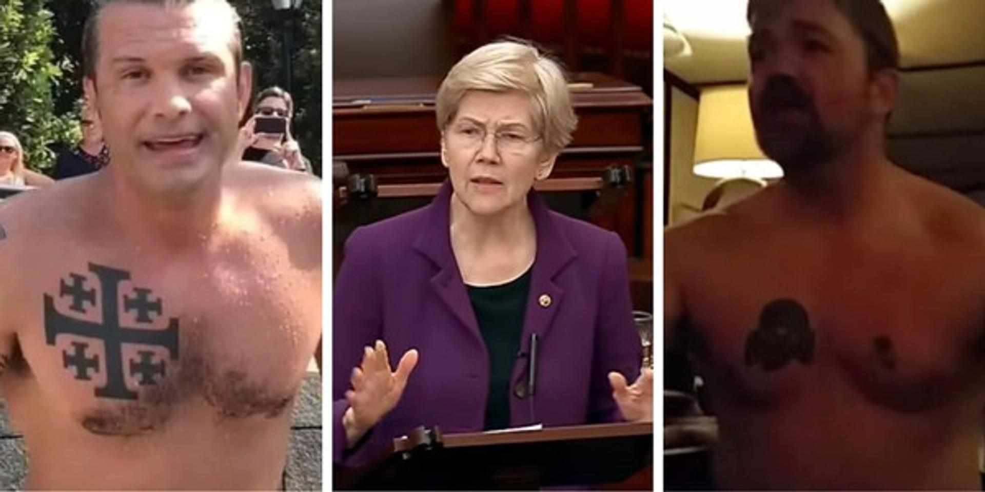 Elizabeth Warren endorses Dem with Nazi-linked chest tattoo after blasting Pete Hegseth for 'extremist' Christian tat
