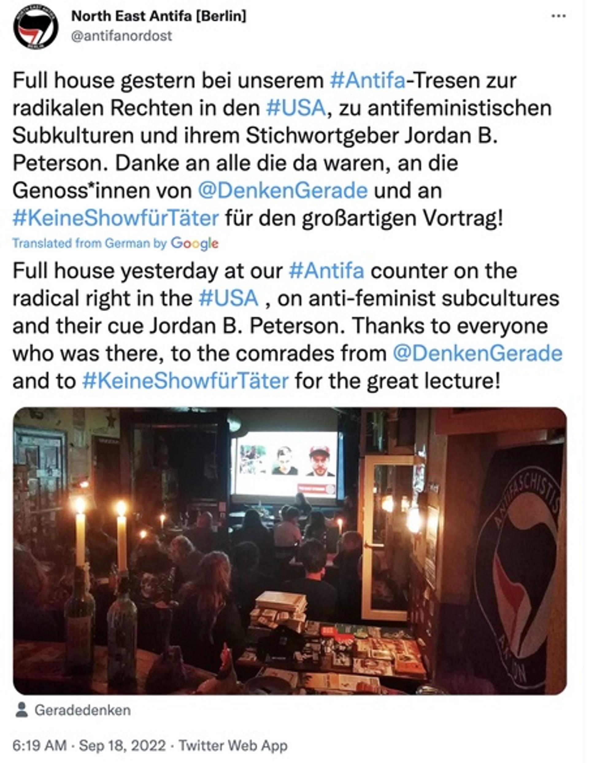 Berlin Antifa held a training about Jordan Peterson on Sept. 17, 2022