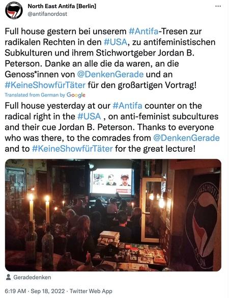 Berlin Antifa held a training about Jordan Peterson on Sept. 17, 2022
