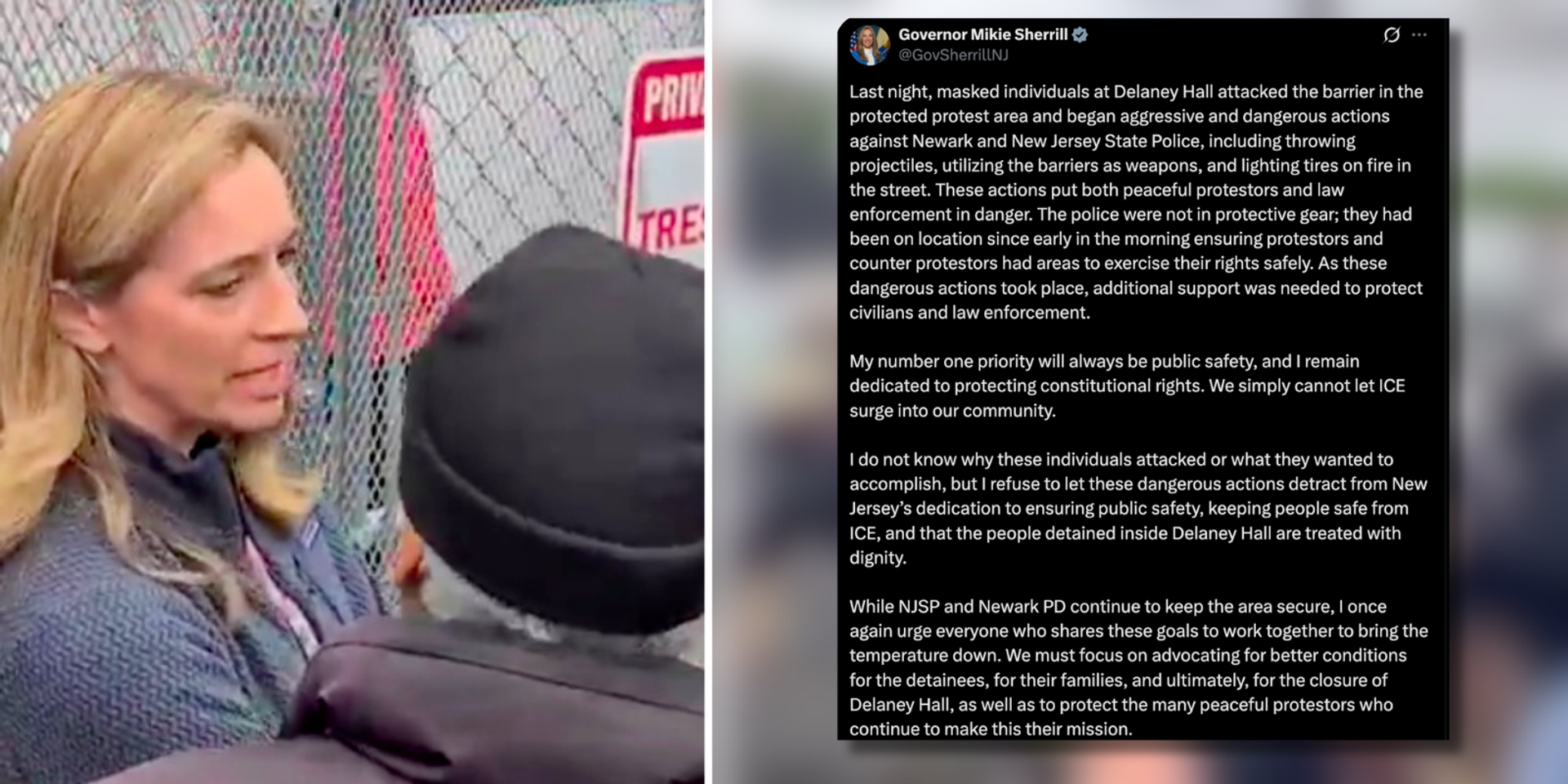 NJ Dem Gov Mikie Sherrill admits Delaney Hall masked agitators are not peaceful, says she doesn't know 'what they wanted to accomplish' in attacking ICE