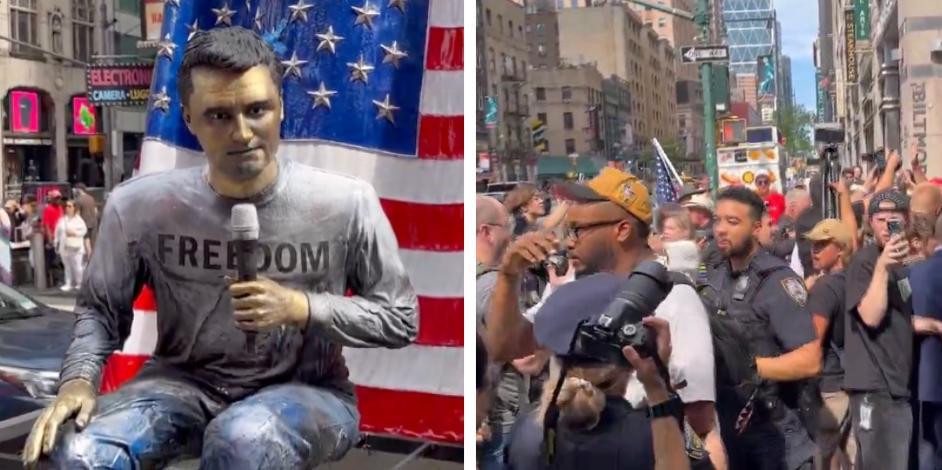 Charlie Kirk statue unveiled in Times Square as leftists clash with Kirk supporters