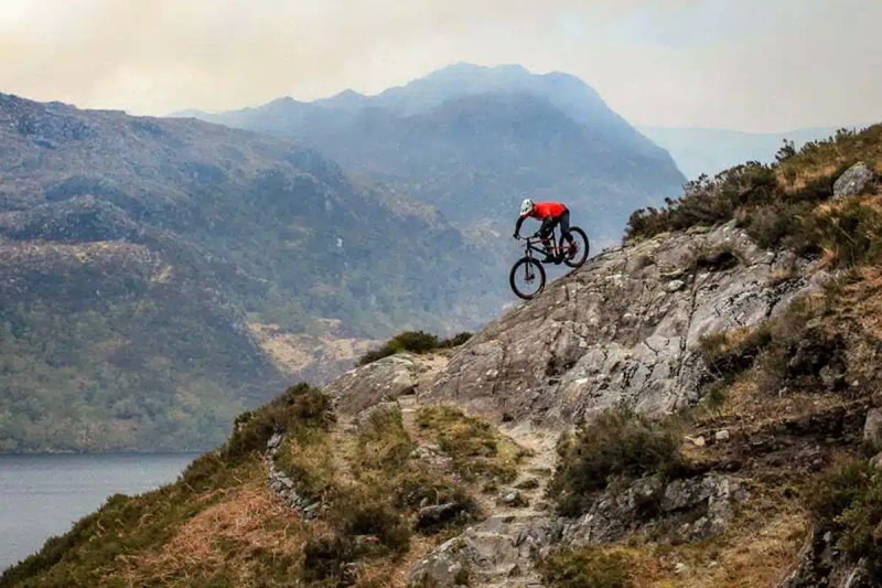 Mountain biking at Learnie Red Rocks near Inverness — technical trails through ancient woodland