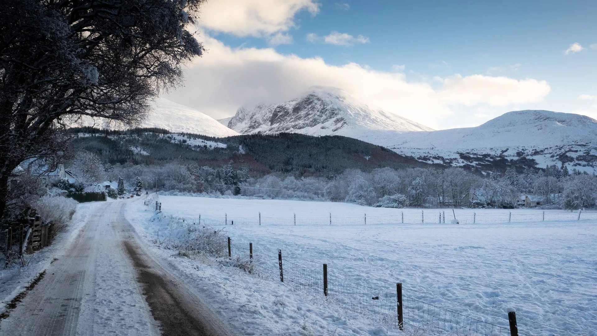 Highwinds Lodge with a rainbow arching over the fields, Torlundy, Fort William