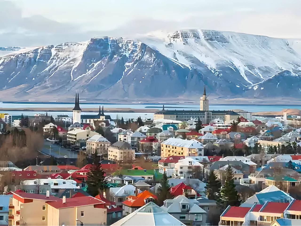 Reykjavik city view with snow and mountains near Kopavogur
