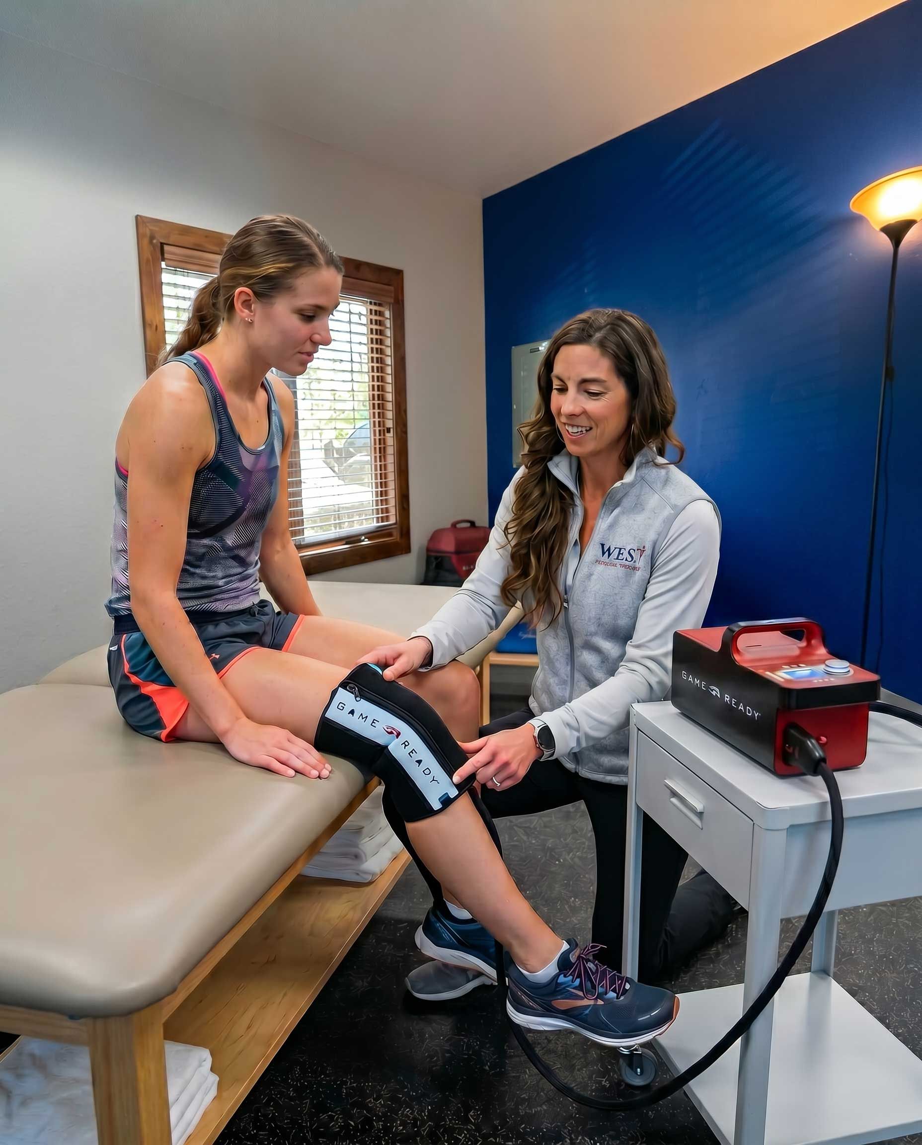 Morgan demonstrating the Game Ready® Ice & Compression system on a female patient