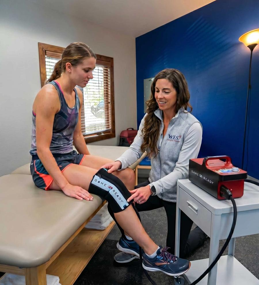 Morgan demonstrating the Game Ready® Ice & Compression system on a female patient