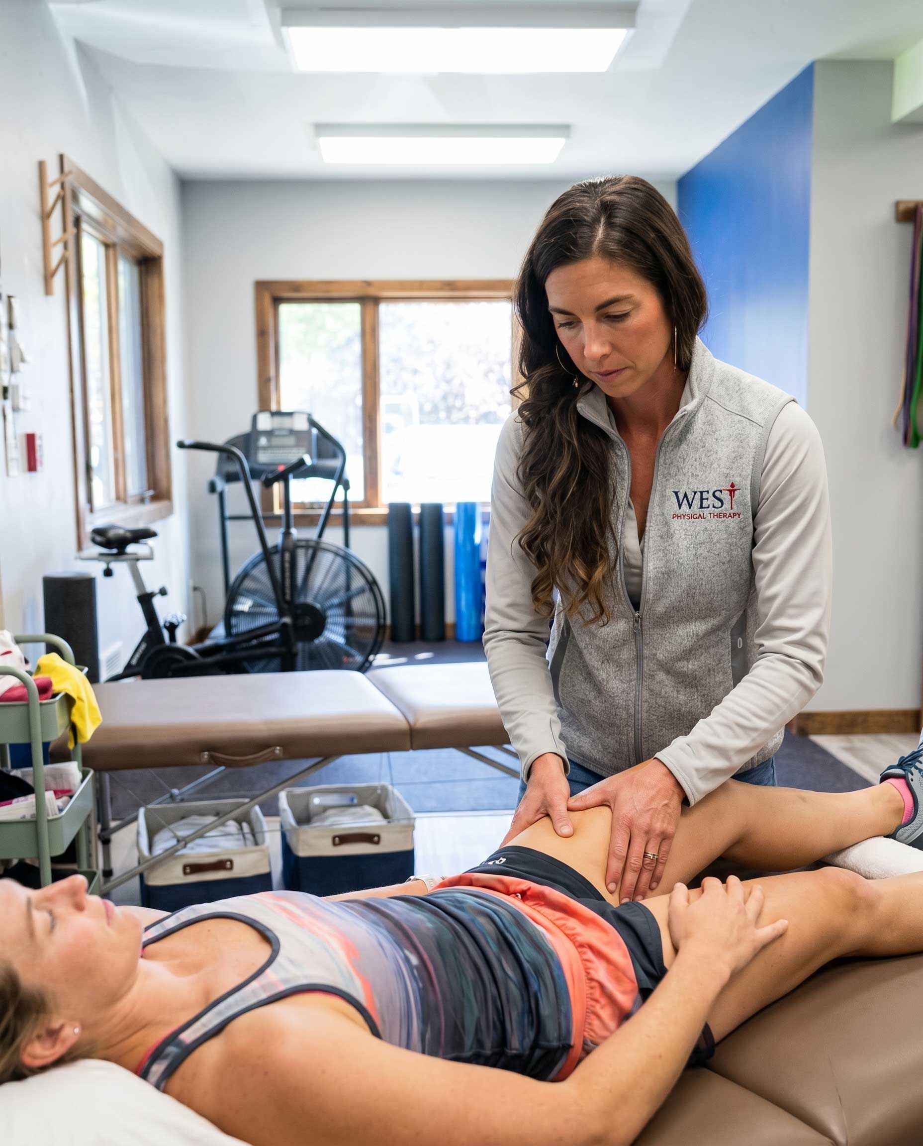 Dr. Mackenzie assessing a patient during a one-on-one physical therapy session