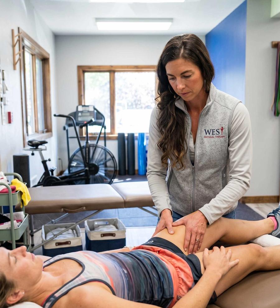 Dr. Mackenzie assessing a patient during a one-on-one physical therapy session