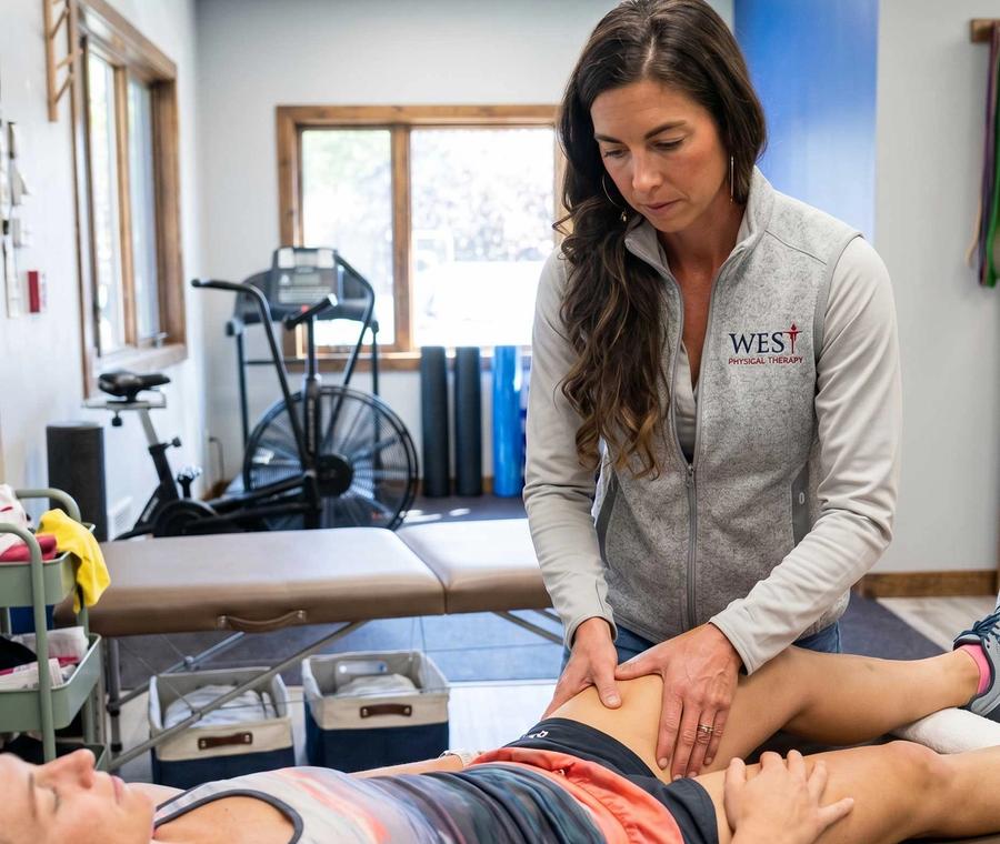 Dr. Mackenzie assessing a patient during a one-on-one physical therapy session