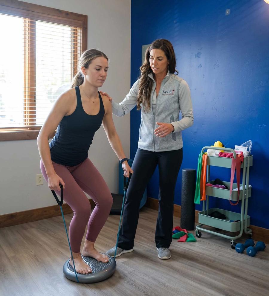 Patient performing guided strength and movement exercises during a physical therapy session