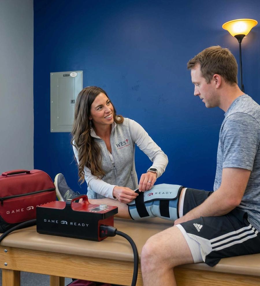 Morgan demonstrates the Game Ready® Ice & Compression unit to a patient