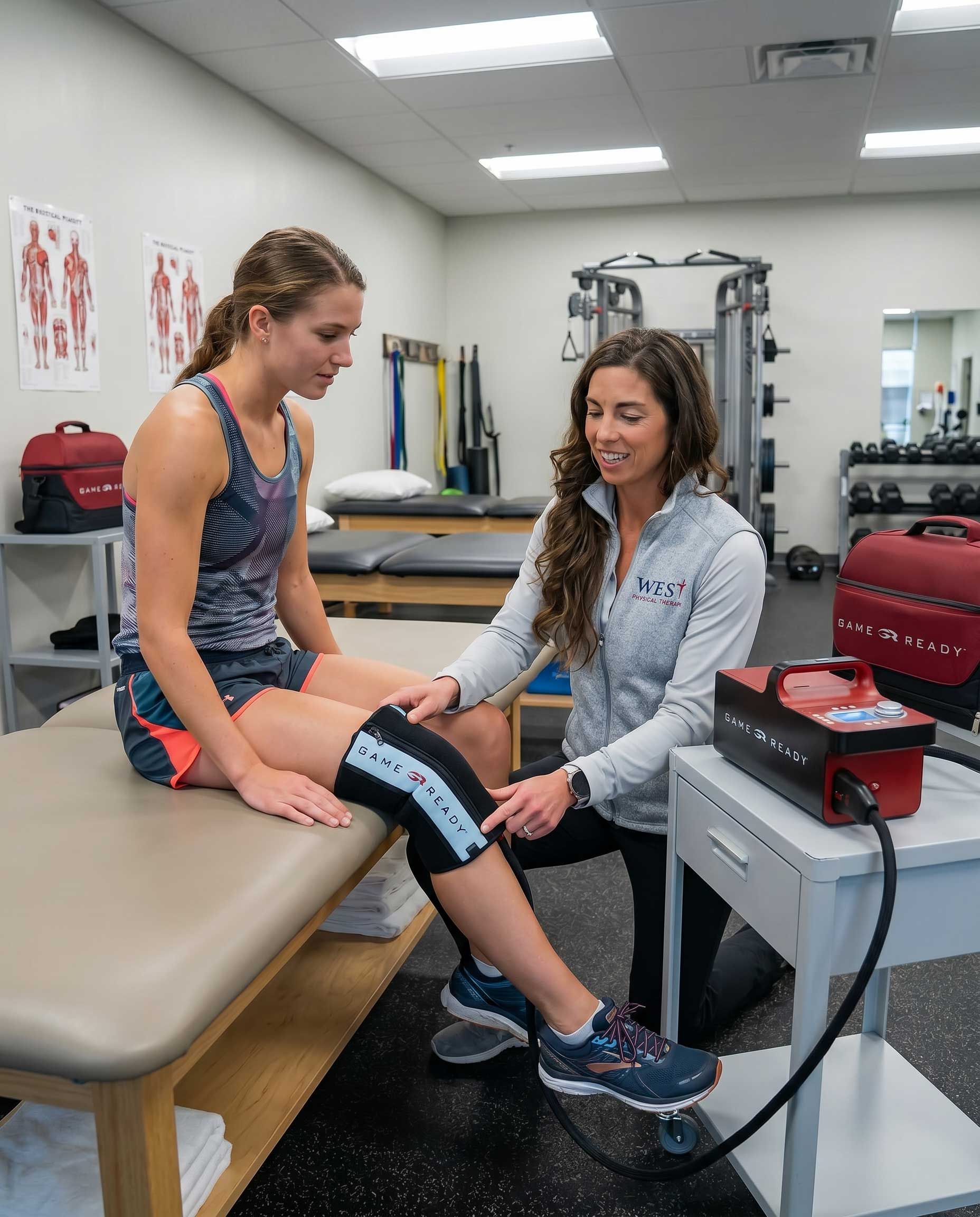 Morgan demonstrating the Game Ready® Ice & Compression system on a female patient
