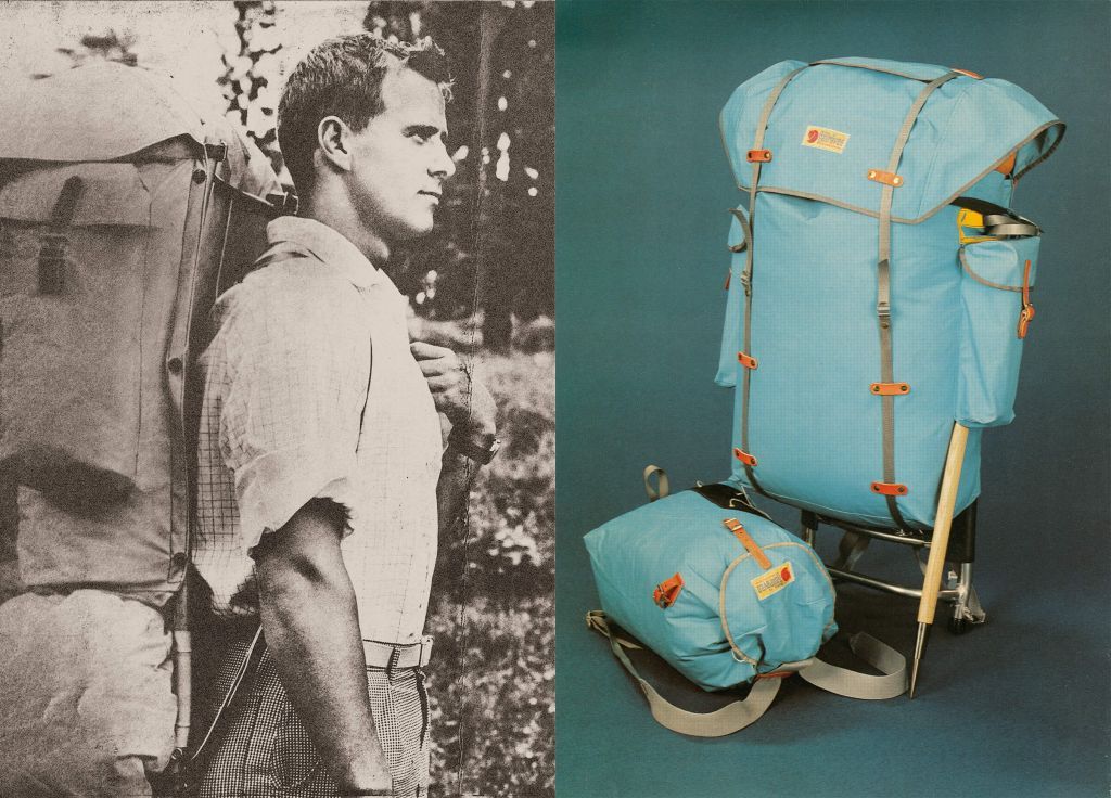 A vintage photo of a man with a backpack on the left, and a blue camping backpack displayed on the right.