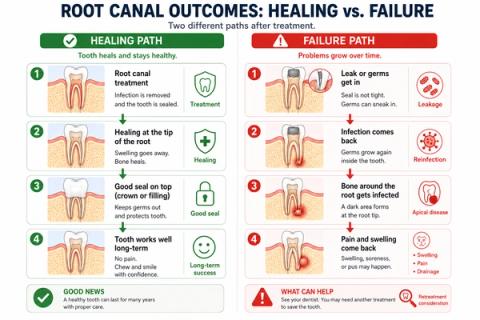 Comparison showing stable root canal healing versus failed treatment with reinfection, apical inflammation, and recurring symptoms.