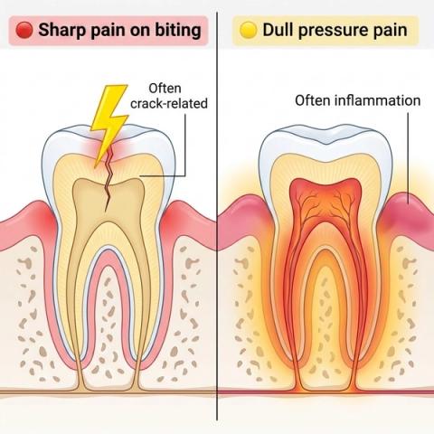 Comparison of tooth pain patterns showing sharp pain on biting often linked to a cracked tooth, versus dull pressure pain associated with inflammation of the pulp or surrounding tissues.