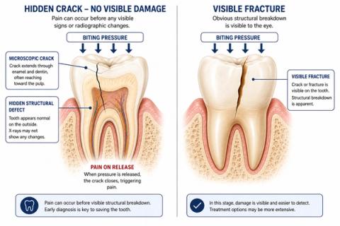 Comparison showing a hidden microscopic tooth crack causing pain during chewing and release of pressure despite a normal appearance, contrasted with an obvious visible tooth fracture.