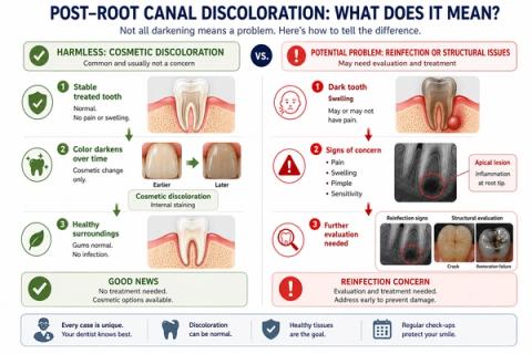 Comparison showing stable cosmetic darkening after root canal treatment versus discoloration associated with reinfection or apical disease.