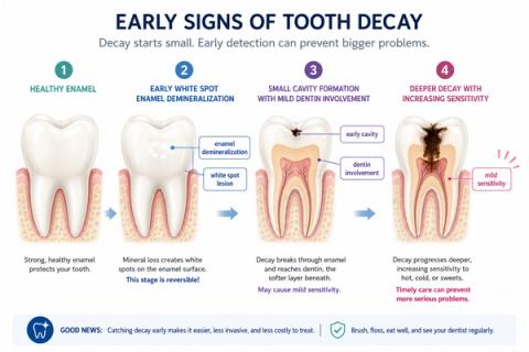 Timeline demonstrating progression from healthy enamel to early enamel demineralization, white spot lesions, non-cavitated caries lesions, dentinal caries involvement, and development of early thermal sensitivity during initial stages of dental caries progression.
