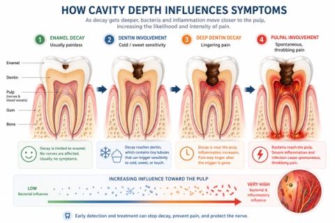 Comparative infographic demonstrating poor correlation between caries depth and symptom severity, showing asymptomatic deep dentinal caries, symptomatic shallow dentinal lesions, lingering cold sensitivity associated with reversible pulpitis, and spontaneous pain associated with advanced pulpal inflammation.