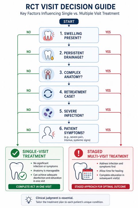 Clinical decision pathway illustrating factors influencing single-visit versus multiple-visit root canal treatment, including infection severity, apical pathology, canal complexity, retreatment status, swelling, drainage, and disinfection requirements.