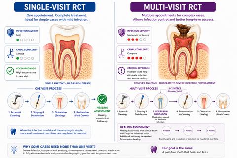 Comparison of single-visit and multi-visit root canal treatment showing uncomplicated canal anatomy treated in one appointment versus a tooth with extensive infection requiring intracanal medication and staged disinfection over multiple visits.