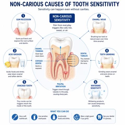 Cross-sectional dental anatomy demonstrating non-carious causes of tooth sensitivity, including gingival recession, root surface exposure, enamel erosion, attrition, abrasion, cracked tooth syndrome, dentin hypersensitivity, exposed dentinal tubules, occlusal overload, and reversible pulpal irritation in the absence of dental caries.