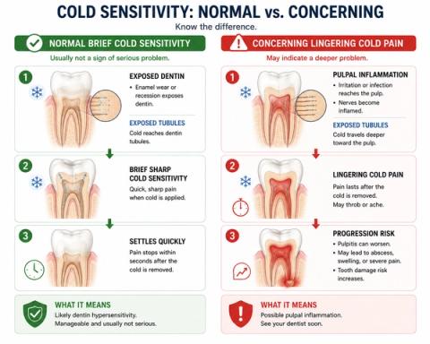 Comparative infographic illustrating transient dentin hypersensitivity versus lingering cold pain associated with pulpal inflammation, highlighting differences in symptom duration, dentinal tubule exposure, pulpal response, reversible pulpitis, and progression risk.