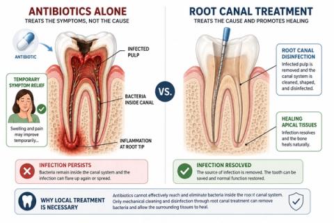 Comparison of systemic antibiotic therapy versus root canal treatment for endodontic infection, showing limited antibiotic penetration into a non-vital infected tooth compared with direct canal disinfection and source control achieved through root canal treatment.