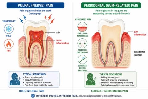 Comparison showing tooth nerve pain causing deep temperature-sensitive throbbing pain versus gum-related pain causing swelling, soreness, and pressure around the gums and supporting tissues.