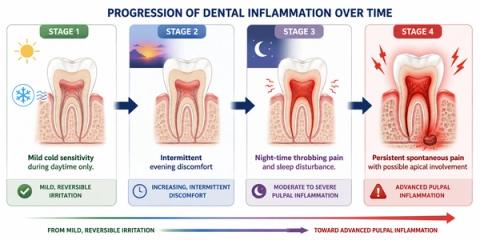 Timeline showing progression from mild daytime sensitivity to evening discomfort and severe spontaneous night-time tooth pain associated with advancing inflammation.