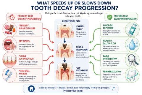 Decision-tree infographic illustrating biological factors affecting dental caries progression, including dietary sugar exposure, oral hygiene effectiveness, salivary flow rate, xerostomia, fluoride exposure, lesion activity, tooth anatomy, dentinal penetration, and progression toward pulpal involvement.