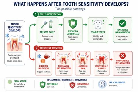 Branching diagram showing two possible pathways for a sensitive tooth: stabilization after early treatment versus progression toward increasing inflammation and tooth pain when irritation continues.