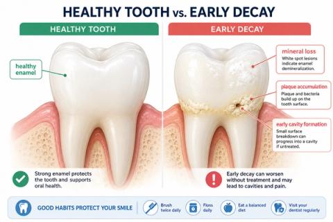 Comparative illustration of healthy enamel versus early dental caries, highlighting enamel demineralization, white spot lesions, subsurface mineral loss, initial cavitation, plaque retention areas, and early indicators of lesion activity prior to development of significant dental pain.