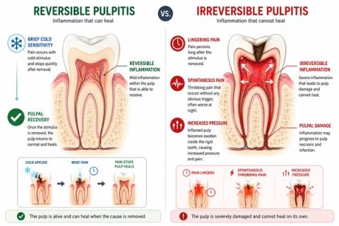 Comparison showing reversible pulpitis with mild recoverable inflammation and brief sensitivity versus irreversible pulpitis with severe lingering spontaneous pain and advanced pulpal damage