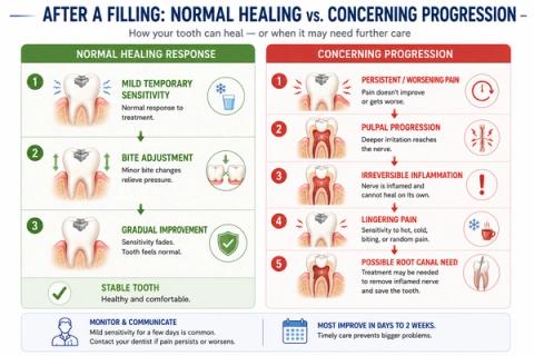 Comparison showing temporary normal sensitivity after a filling versus worsening pulpal inflammation requiring further treatment.