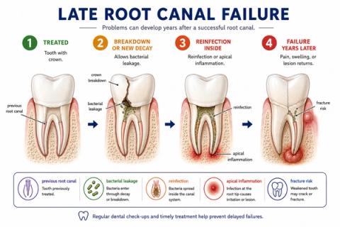 Timeline showing how a previously treated root canal tooth can develop reinfection, leakage, or structural failure years later.