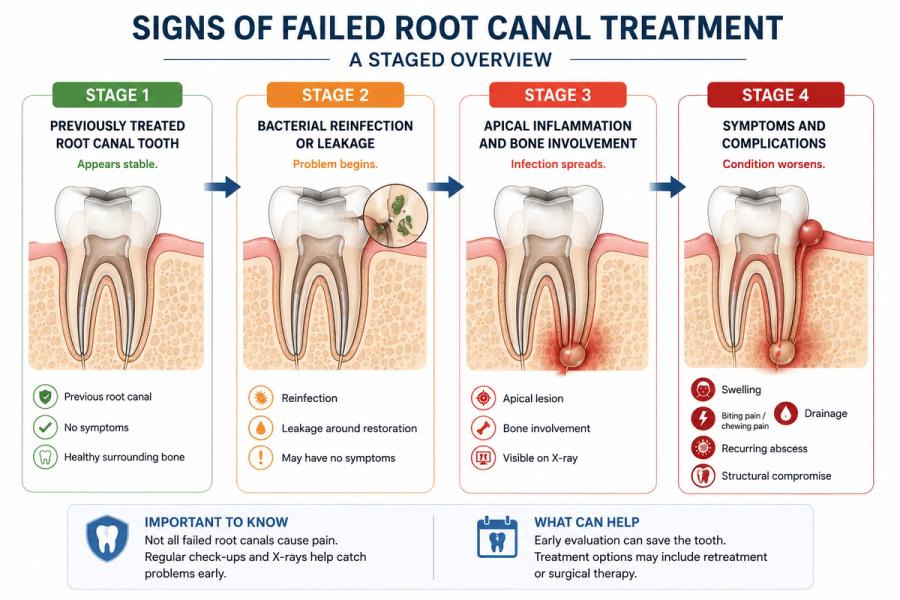 Timeline showing progression of failed root canal treatment with reinfection, apical inflammation, swelling, drainage, and chewing or biting pain.