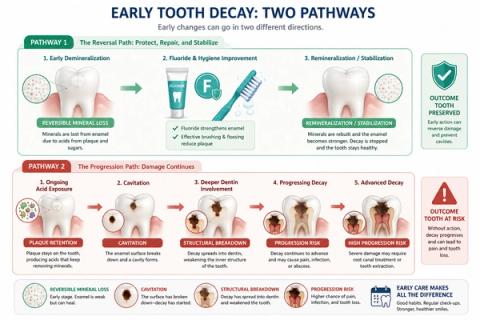 Decision-tree infographic illustrating outcomes of early dental caries, including lesion arrest, enamel remineralization, fluoride-mediated mineral recovery, progression to cavitation, dentinal caries development, and increasing restorative treatment requirements associated with structural breakdown.