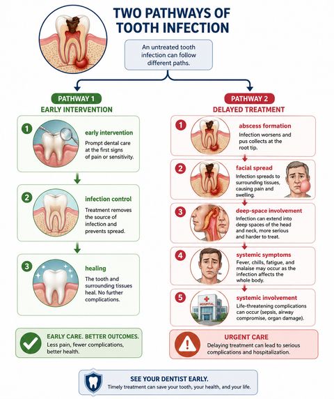 Clinical decision-tree demonstrating outcomes of untreated odontogenic infection, including localized periapical abscess, intraoral drainage, facial swelling, cellulitis, deep fascial space involvement, trismus, dysphagia, systemic infection, and interruption of disease progression through timely endodontic or surgical treatment.