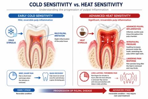 Comparison showing mild cold sensitivity during early irritation versus lingering heat sensitivity associated with advanced inflammation and pressure buildup inside the tooth.
