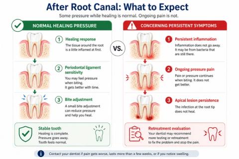 Comparison showing temporary healing-related pressure after root canal treatment versus persistent pressure caused by unresolved inflammation or reinfection.