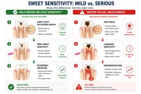 Comparative infographic illustrating transient sweet sensitivity associated with exposed dentin versus prolonged sweet-induced pain associated with pulpal inflammation, highlighting dentin hypersensitivity, reversible pulpitis, active dental caries, symptom duration, and progression risk.