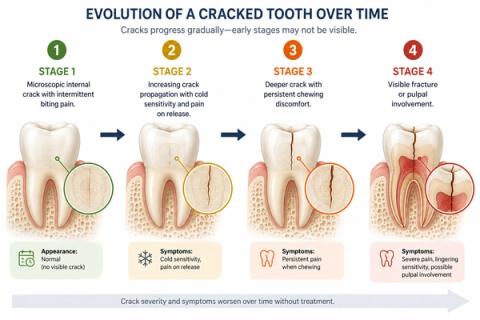 Timeline showing progression from a hidden microscopic tooth crack causing intermittent pain to a deeper structural crack causing increasing symptoms over time.