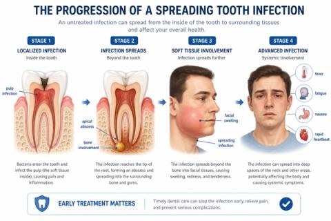 Timeline illustrating progression of odontogenic infection from irreversible pulpitis and pulpal necrosis to periapical abscess formation, alveolar bone involvement, facial cellulitis, fascial space infection, and systemic manifestations associated with spreading dental infection.