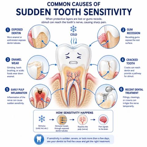 Infographic showing sudden tooth sensitivity caused by exposed dentin, gum recession, enamel wear, cracked teeth, tooth grinding, whitening treatment, early tooth decay, and inflammation inside the tooth.