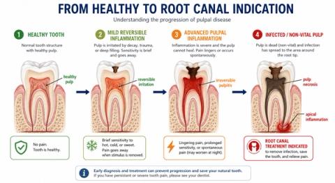 Timeline illustrating progression from healthy pulp to reversible inflammation, irreversible pulpitis, pulpal necrosis, and apical infection, demonstrating biologic stages that may ultimately require root canal treatment.