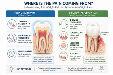 Diagnostic comparison of periodontal pain and pulpal tooth pain, highlighting differences in gingival swelling, bleeding on probing, periodontal pocketing, tooth mobility, mastication tenderness, thermal sensitivity response, pulpal vitality status, and periodontal abscess presentation.