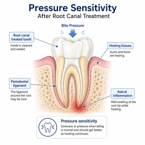 Diagram showing pressure sensation after root canal treatment caused by healing inflammation around the root and periodontal ligament.