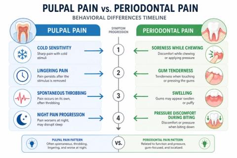 Behavioral comparison of pulpal nerve pain versus periodontal gum pain showing differences in temperature sensitivity, spontaneous pain, swelling, chewing discomfort, and localization patterns.