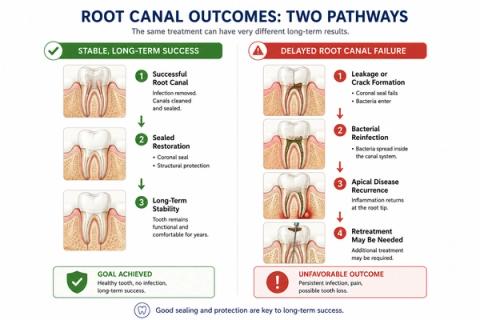 Comparison showing stable long-term root canal healing versus delayed failure caused by leakage, cracks, or bacterial reinfection.